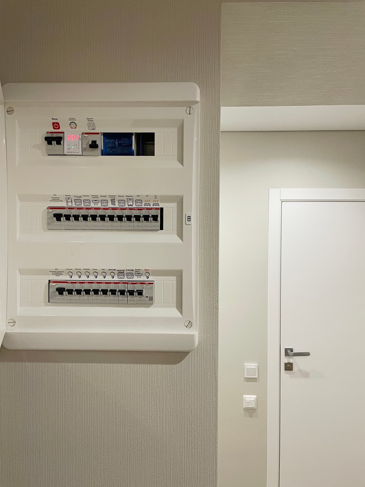 Электрический щит квартиры в ЖК «Одинцово-1» с подписанными автоматами и системой контроля напряжения
